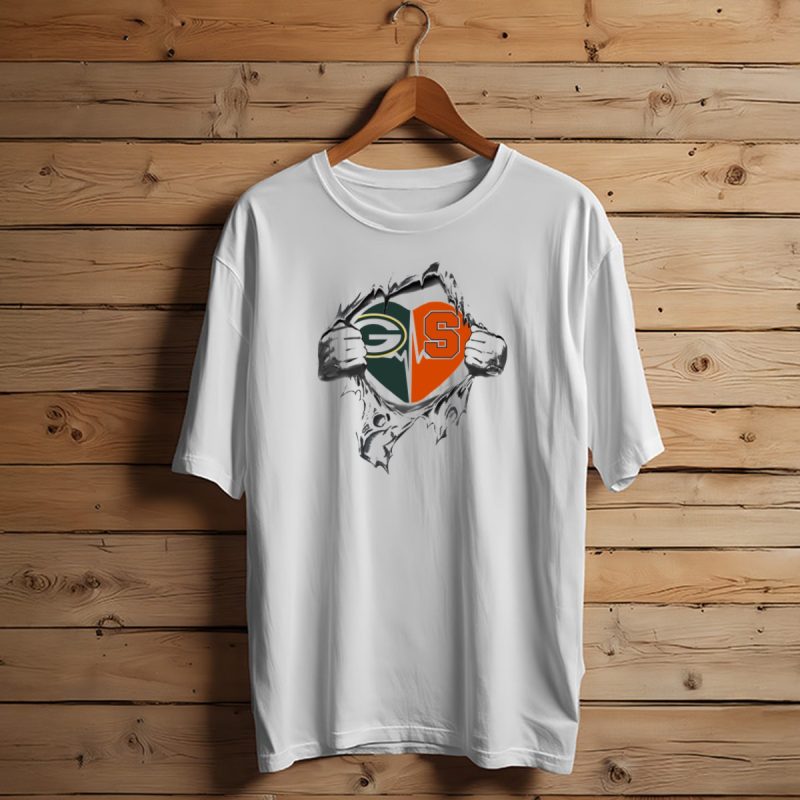 Green Bay Packers Syracuse Orange Heartbeat Logo Peeling Hands T Shirt T Shirt 1 1