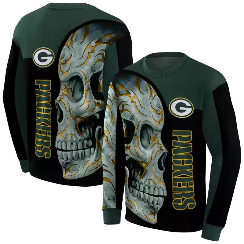 Green Bay Packers Tattoo Skull Motif Green Black Aop Sweatshirt 1