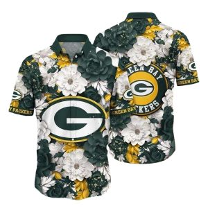 Green Bay Packers White And Green Flowes Pattern Hawaiian Shirt