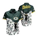 Green Bay Packers With Black Cat And Floral Design Hawaiian Shirt