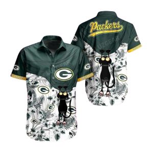 Green Bay Packers With Black Cat And Floral Design Hawaiian Shirt