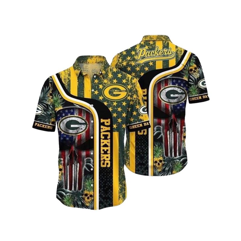 Green Bay Packers With Skull Halloween Us Flag Design Hawaiian Shirt 1