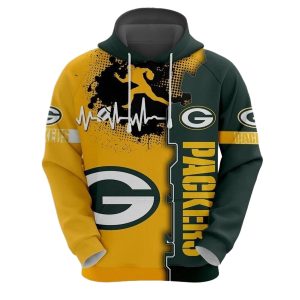 Green Bay Packers graphic heart ECG line AOP Hoodie