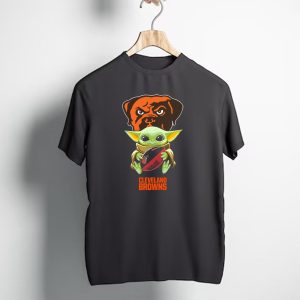 Grogu Hugging Football with Cleveland Browns Logo Tailgate T-Shirt