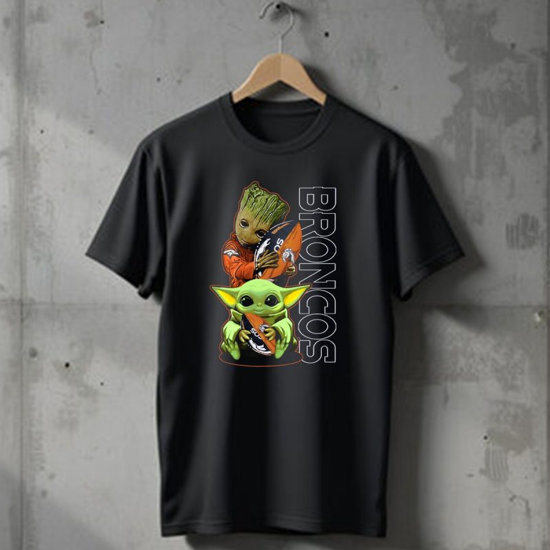 Grzd Denver Broncos Groot And Baby Yoda Holding Broncos Football T Shirt 1 T Shirt 1