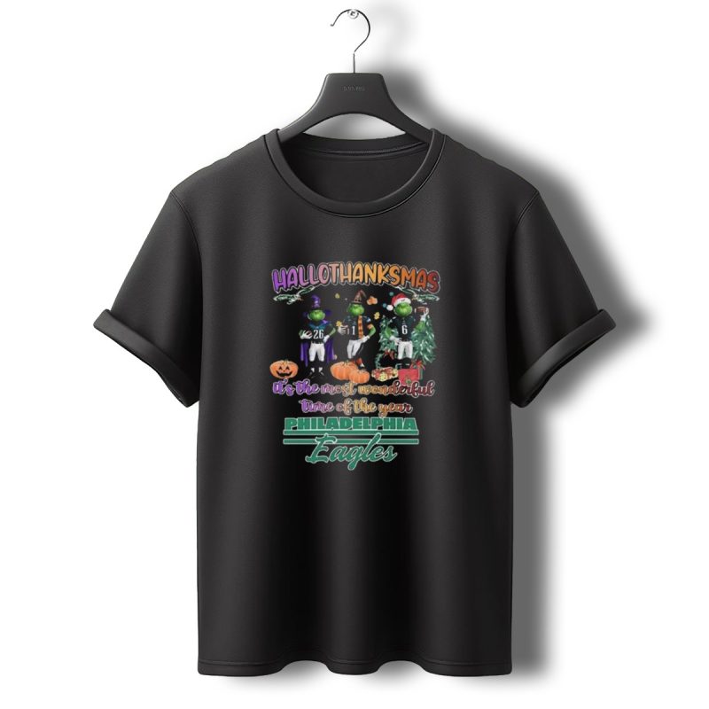 Hallothanksmas Philadelphia Eagles Its The Most Wonderful Time Of The Year Grinch Holiday T Shirt T Shirt 0 1
