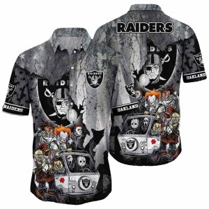Halloween Characters With Las Vegas Raiders Hawaiian Shirt