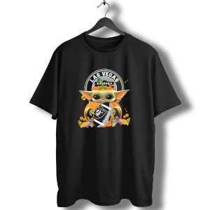 Halloween Pumpkin Baby Yoda Holding Las Vegas Raiders Football T-Shirt