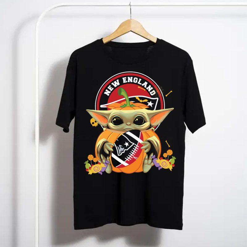 Halloween Pumpkin Baby Yoda Holding New England Patriots Football T Shirt T Shirt 1