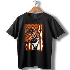 Hand Lifting American Flag Over Chicago Bears T Shirt