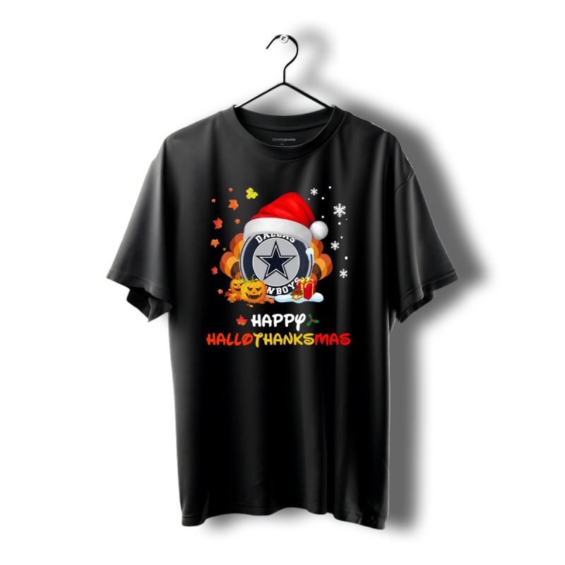 Happy Hallothanksmas Dallas Cowboys Pumpkin Santa Leaves Snowflakes T Shirt 1 T Shirt 1 1