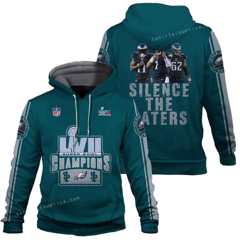 Hurts Kelce Brown Silence The Haters Philadelphia Eagles Super Bowl Champion 2023 3D Hoodie Design 1