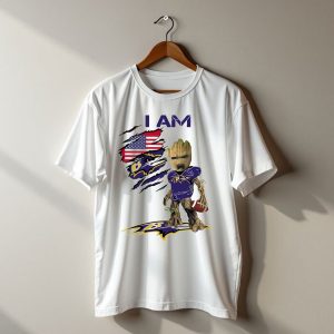 I Am Baby Groot Baltimore Ravens American Flag Football T-Shirt