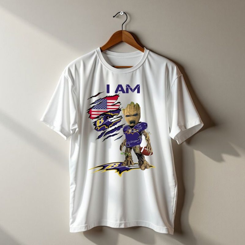 I Am Baby Groot Baltimore Ravens American Flag Football T Shirt 1 T Shirt 1