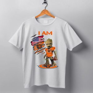 I Am Bears Baby Groot Holding Football With American Flag And Chicago Bears T Shirt