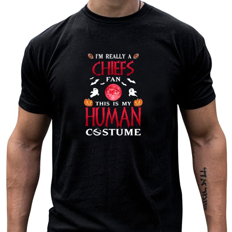 Im Really A Chiefs Fan This Is My Human Costume Halloween Ghosts Pumpkins Footballs T Shirt T Shirt 1 1