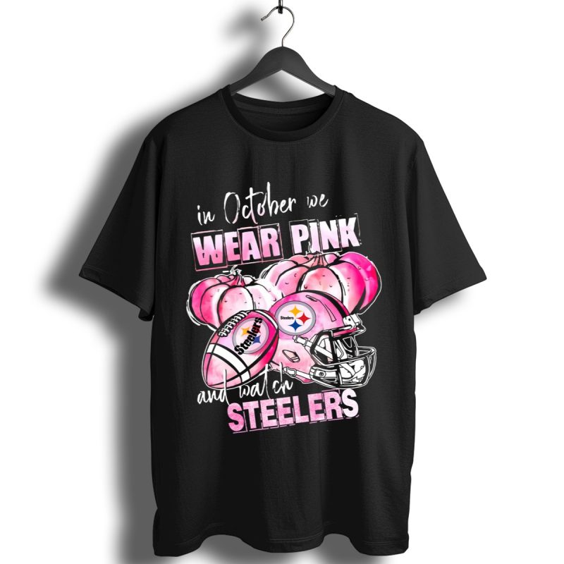 In October We Wear Pink And Watch Steelers Breast Cancer Halloween Shirt T Shirt 1