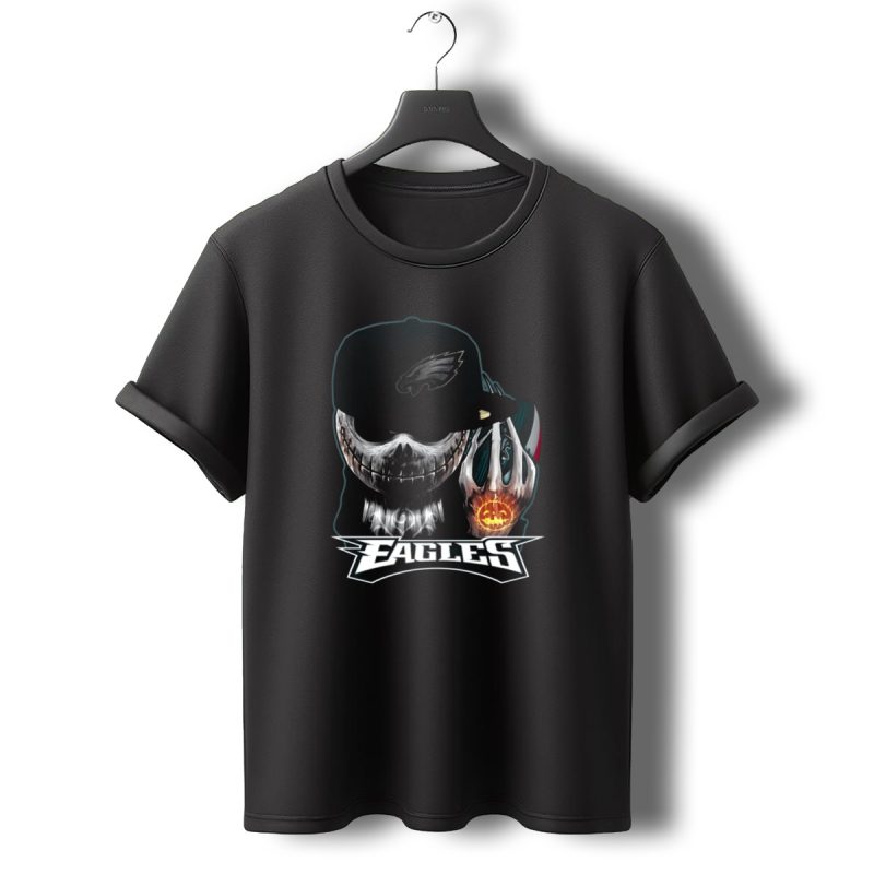 Jackskull Philadelphia Eagles Football Fan Skull Cap Halloween Pumpkin T Shirt T Shirt 0 1