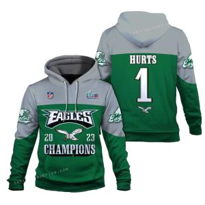 Jalen Hurts 1 Eagles 2023 Champions Philadelphia Eagles SB Champion 2023 All Over Print Hoodie
