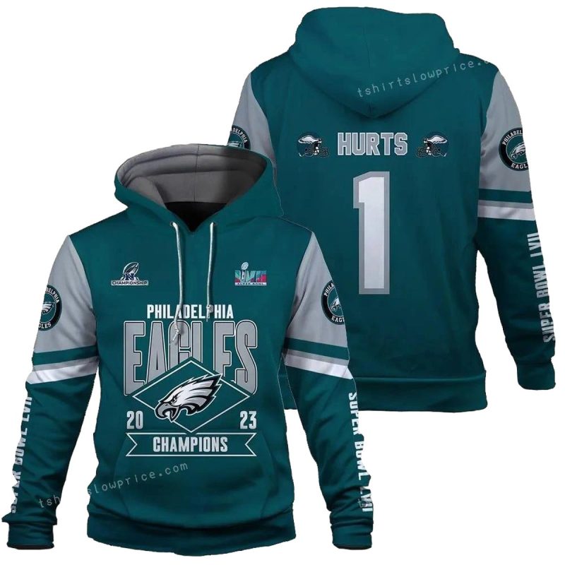 Jalen Hurts Philadelphia Eagles Super Bowl Champion 2023 3D Hoodie Design 1