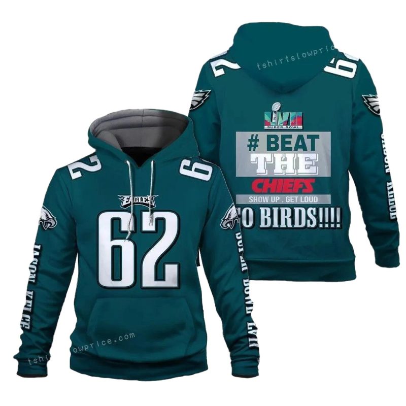 Jason Kelce 62 Beat The Chiefs Go Birds Philadelphia Eagles Super Bowl Champion 2023 3D Hoodie Design 1