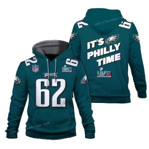Jason Kelce 62 It Is Philly Time Philadelphia Eagles SB Champion 2023 All Over Print Hoodie
