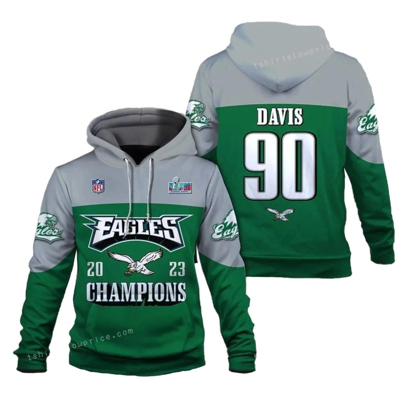 Jordan Davis 90 Eagles 2023 Champions Philadelphia Eagles Super Bowl Champion 2023 3D Printed Hoodie For Men 1