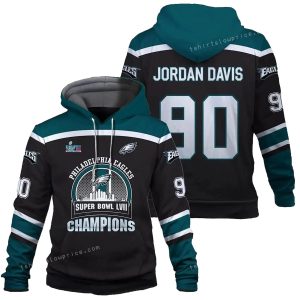 Jordan Davis 90 Eagles Team Philadelphia Eagles SB Champion 2023 All Over Print Hoodie