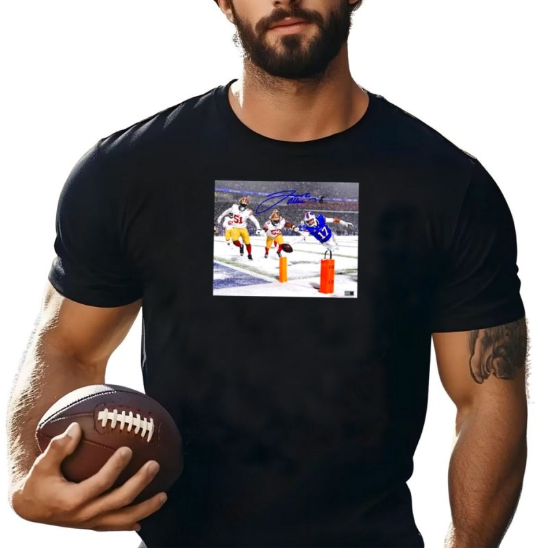 Josh Allen Snow Buffalo Bills Vs San Francisco 49Ers Pylon Dive Signature Photo T Shirt T Shirt 1