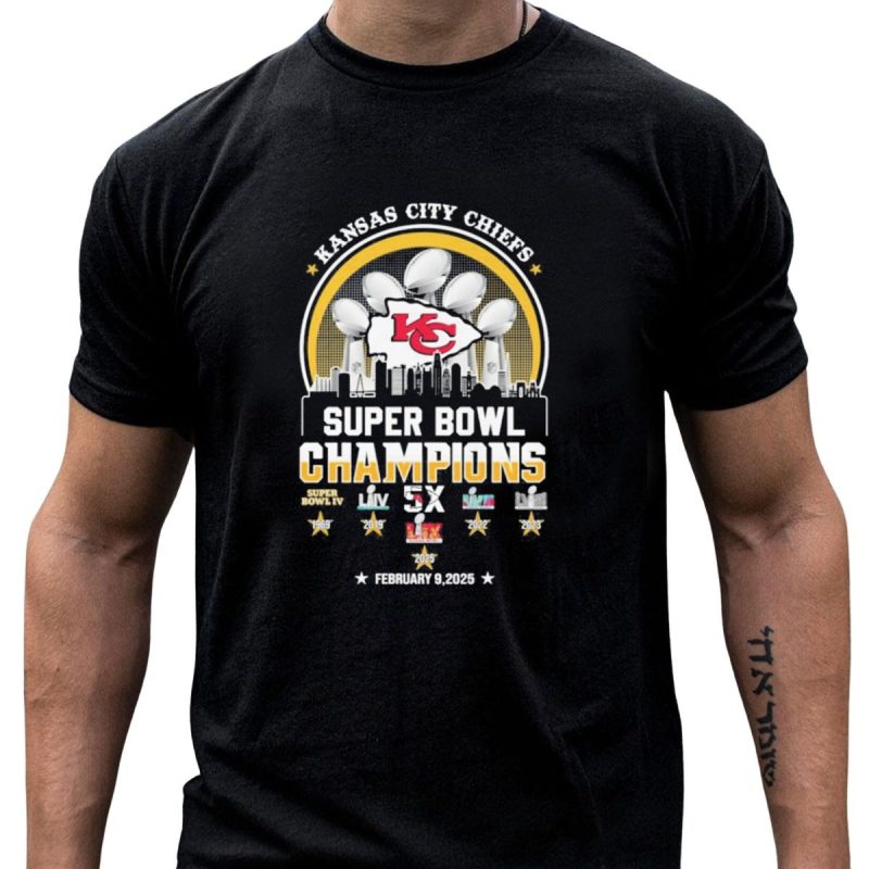 Kansas City Chiefs 5X Super Bowl Champions February 9 2023 Skyline Lombardi Trophies T Shirt T Shirt 1 1