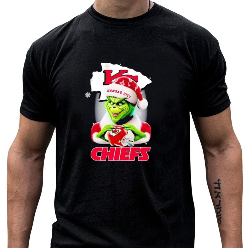 Kansas City Chiefs Christmas Grinch In Santa Hat Holding Football T Shirt T Shirt 1 1