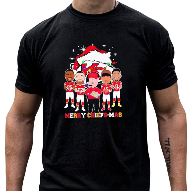 Kansas City Chiefs Merry Chiefs Mas Christmas Team Festive Cartoon Players And Santa Hat T Shirt T Shirt 1 1