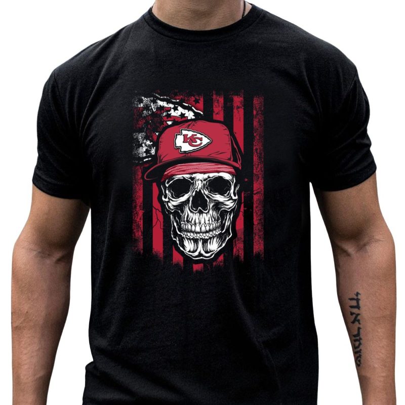 Kansas City Chiefs Skull With Red Cap And Flag Background T Shirt T Shirt 1 1