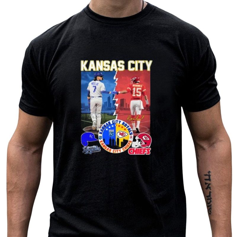 Kansas City Royals Bobby Witt Jr And Chiefs Patrick Mahomes Skyline Logos And Signatures T Shirt T Shirt 1 1
