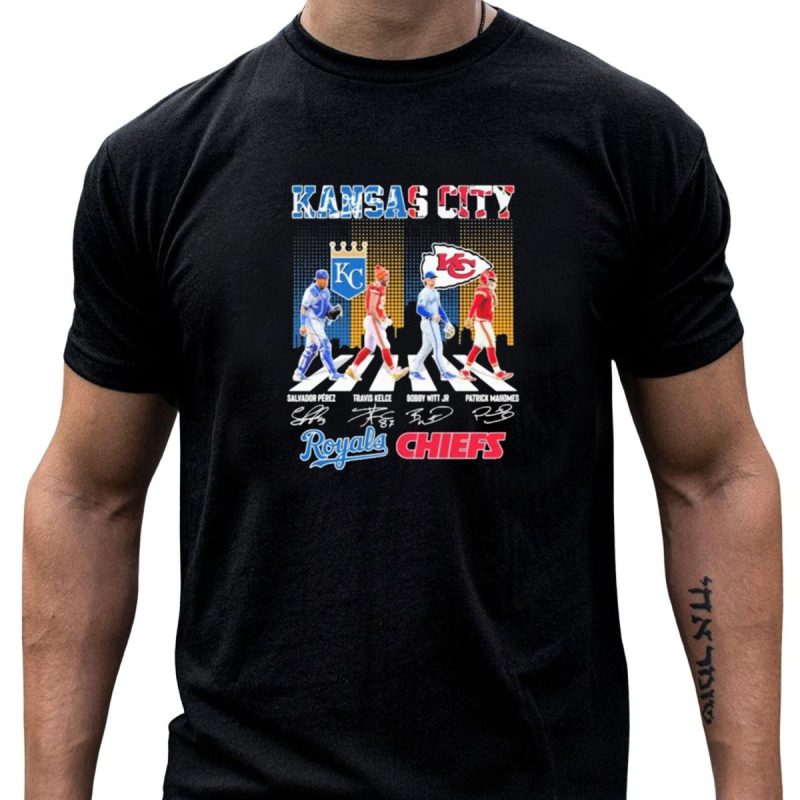 Kansas City Royals Salvador Pei%C2%81Rez Bobby Witt Jr Kansas City Chiefs Travis Kelce Patrick Mahomes Abbey Road Signatures T Shirt T Shirt 1