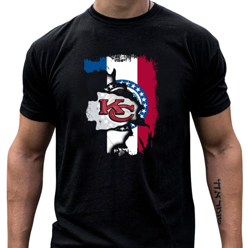 Kc Chiefs Logo On Torn Missouri Flag Design Together T Shirt T Shirt 1 1