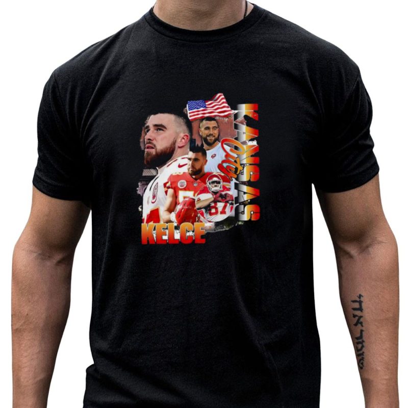Kelce Kansas City Chiefs Collage With American Flag T Shirt T Shirt 1 1