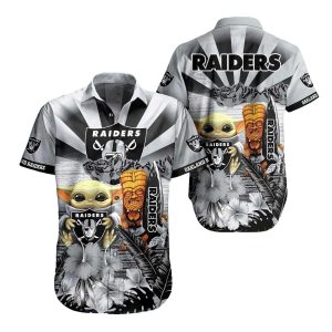Las Vegas Raiders Baby Yoda Tiki Hibiscus Sunburst Hawaiian Shirt
