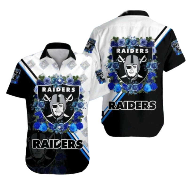 Las Vegas Raiders Blue Roses And Bold Black White Hawaiian Shirt 1