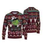 Las Vegas Raiders Burgundy With Geometric Reindeer And Snowflake Patterns Featuring Grinch Ugly Sweater