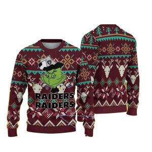 Las Vegas Raiders Burgundy With Geometric Reindeer And Snowflake Patterns Featuring Grinch Ugly Sweater