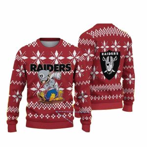 Las Vegas Raiders Cartoon Raider Mascot With White Snowflake Patterns Ugly Sweater