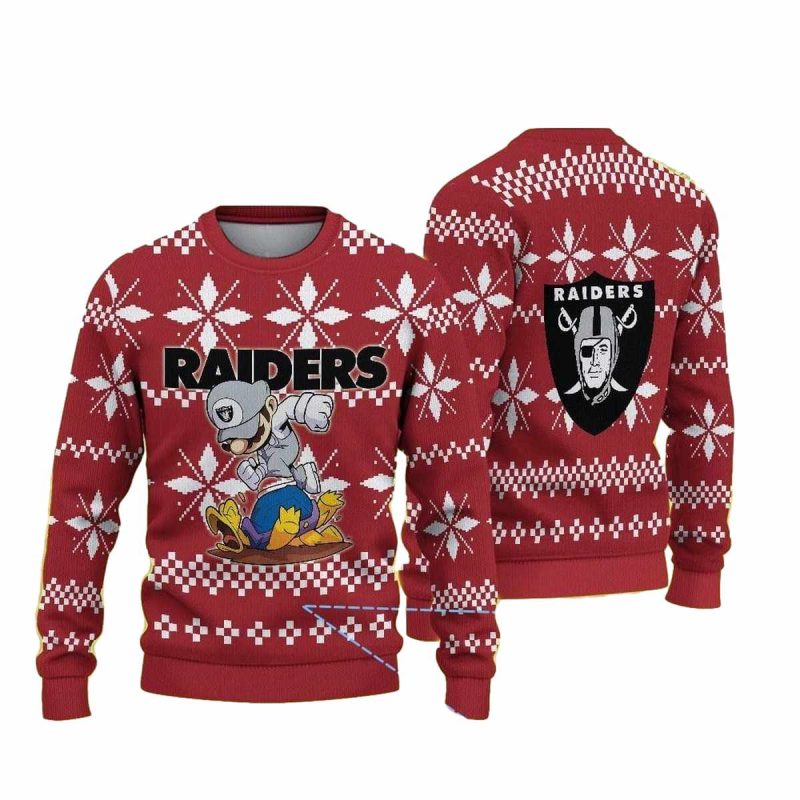 Las Vegas Raiders Cartoon Raider Mascot With White Snowflake Patterns Ugly Sweater 1