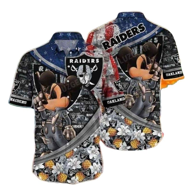 Las Vegas Raiders Cool Mickey And Us Flag Tropical Hawaiian Shirt 1