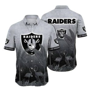 Las Vegas Raiders Dark Flamingo And Leaf Design Hawaiian Shirt
