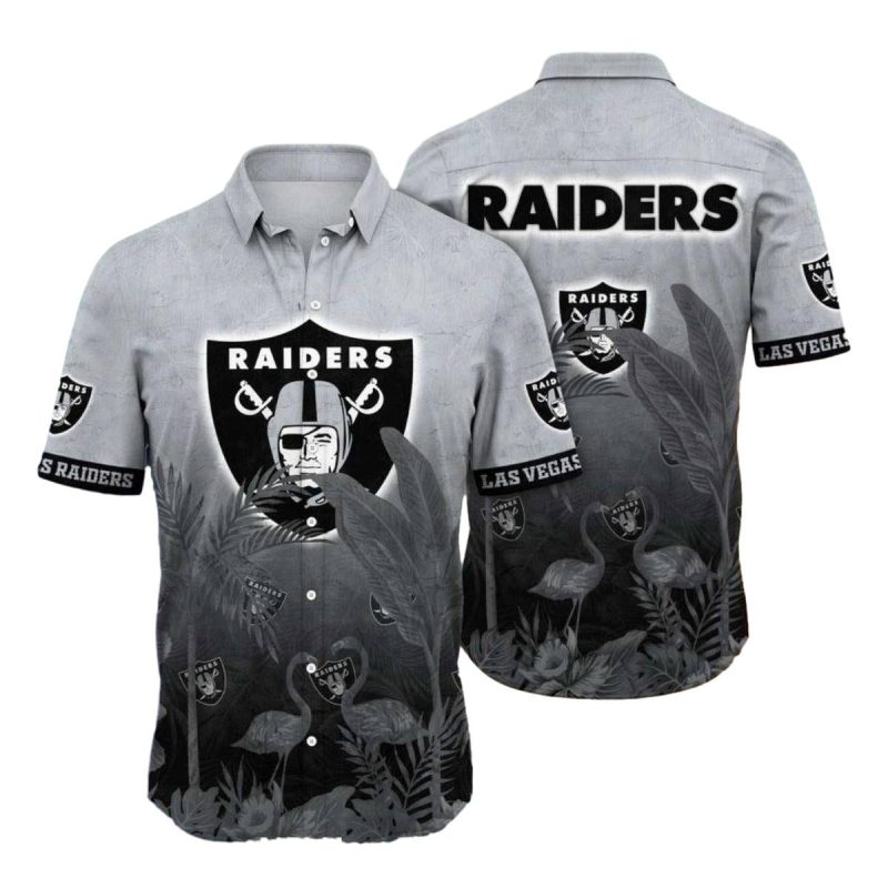 Las Vegas Raiders Dark Flamingo And Leaf Design Hawaiian Shirt 1
