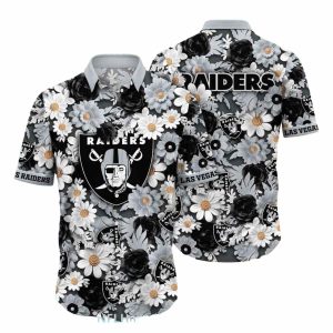 Las Vegas Raiders Dark Floral And Gold Accents Hawaiian Shirt
