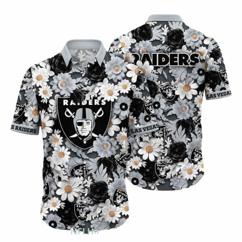 Las Vegas Raiders Dark Floral And Gold Accents Hawaiian Shirt 1