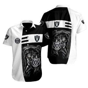 Las Vegas Raiders Dead Skull Hold Logo Black And White Hawaiian Shirt