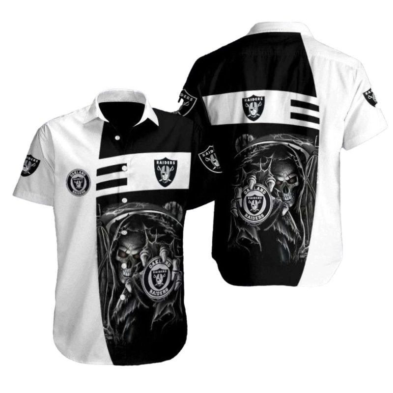 Las Vegas Raiders Dead Skull Hold Logo Black And White Hawaiian Shirt 1